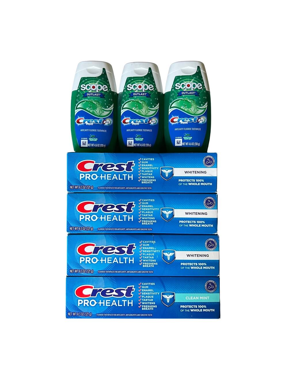 Lot 7 Crest Pro-Health/ Scope Outlast Fluoride Toothpaste, 4.3OZ/4.6OZ